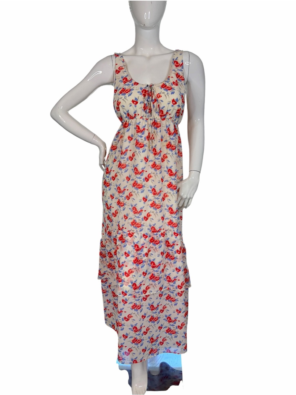 I LOVE RONSON Floral maxi dress sundress White with Red Roses & Blue Leaves XL